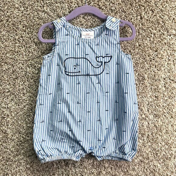 Vineyard Vines Romper Boys 12-18M Blue and White Striped Whale Embroidery Bubble - Picture 1 of 5